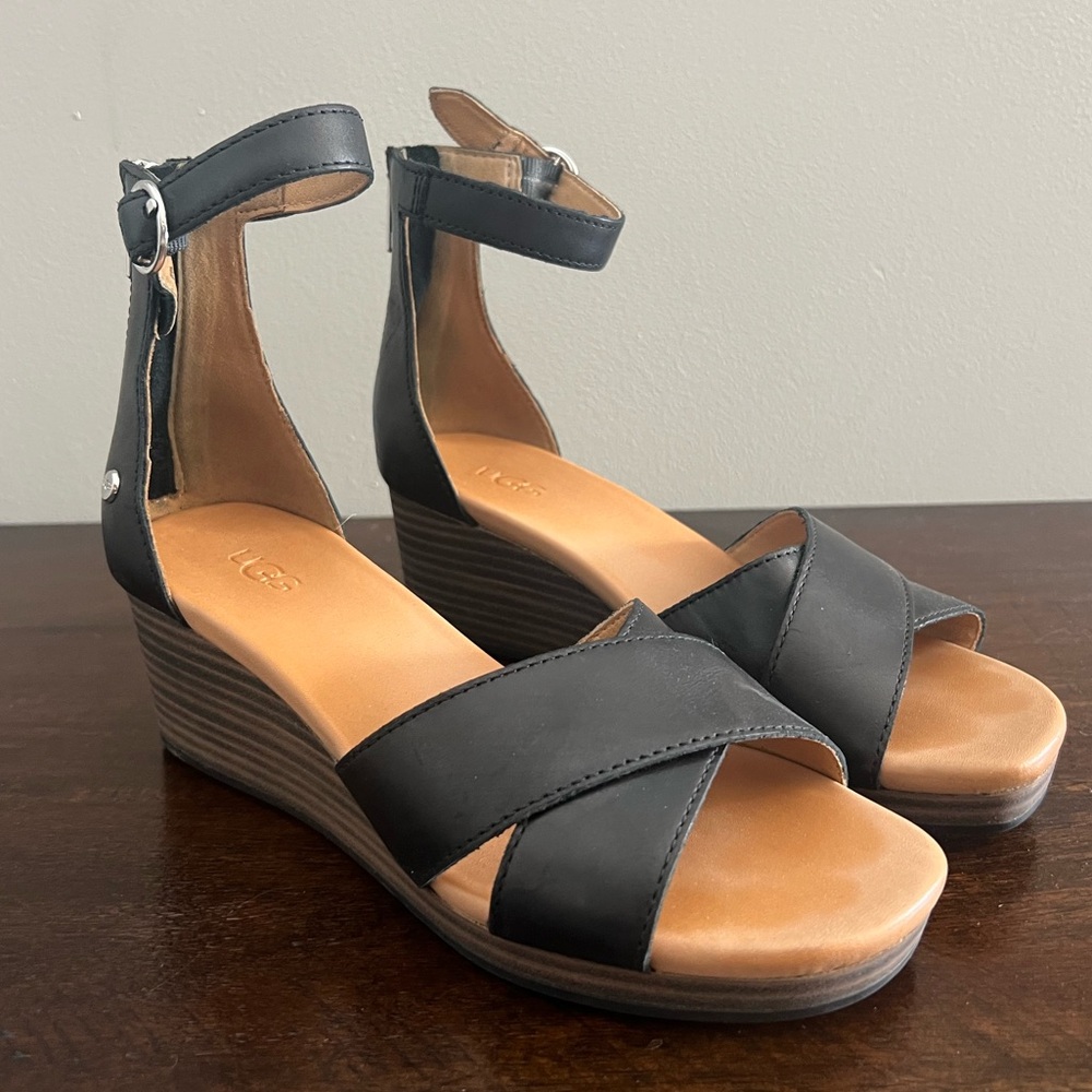 UGG Black and Tan Wedge Sandals